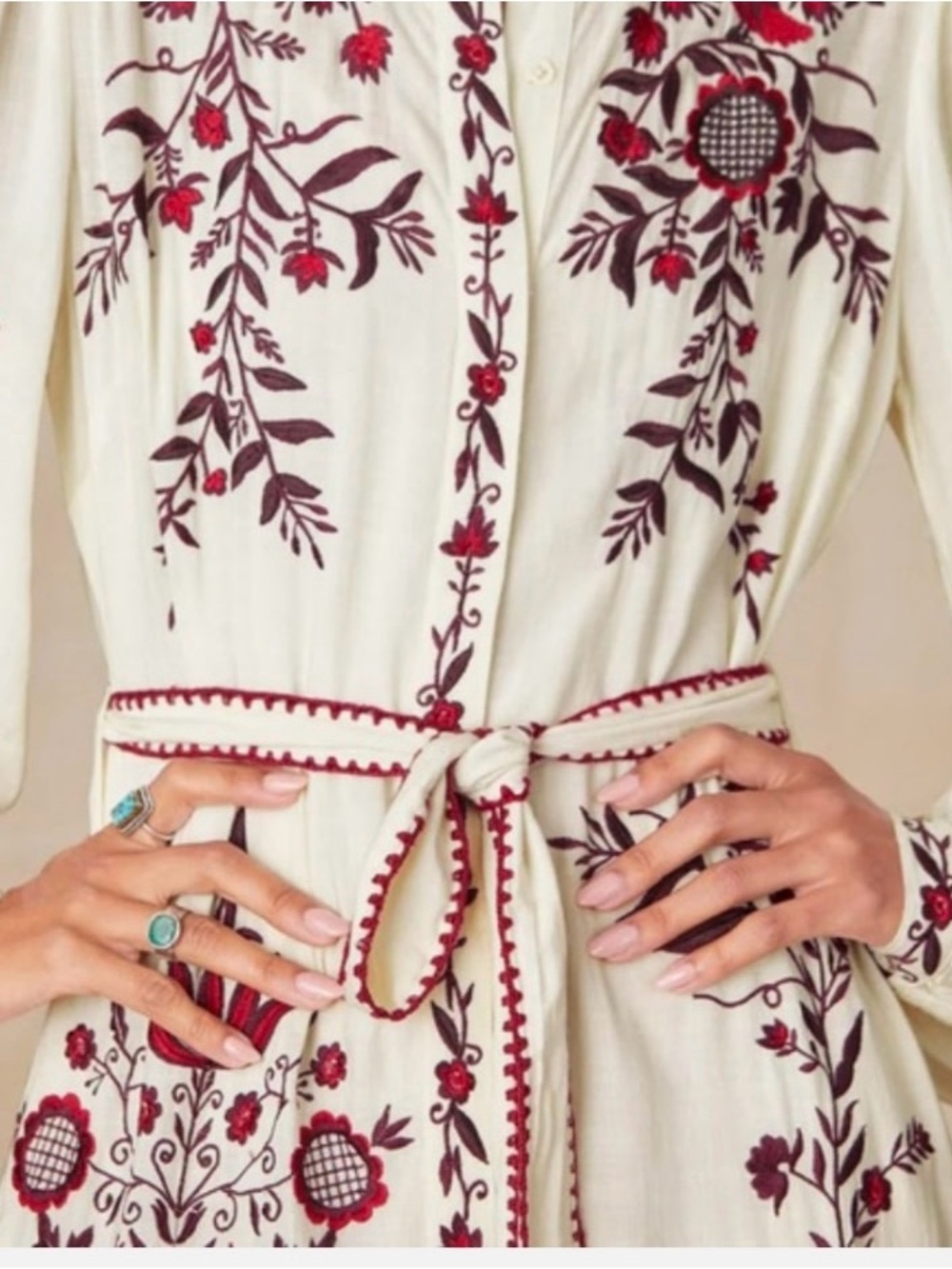Sundance Jessa MaeCream Maxi Dress bohemian Floral Embroidery and Waist Tie - Picture 5 of 12
